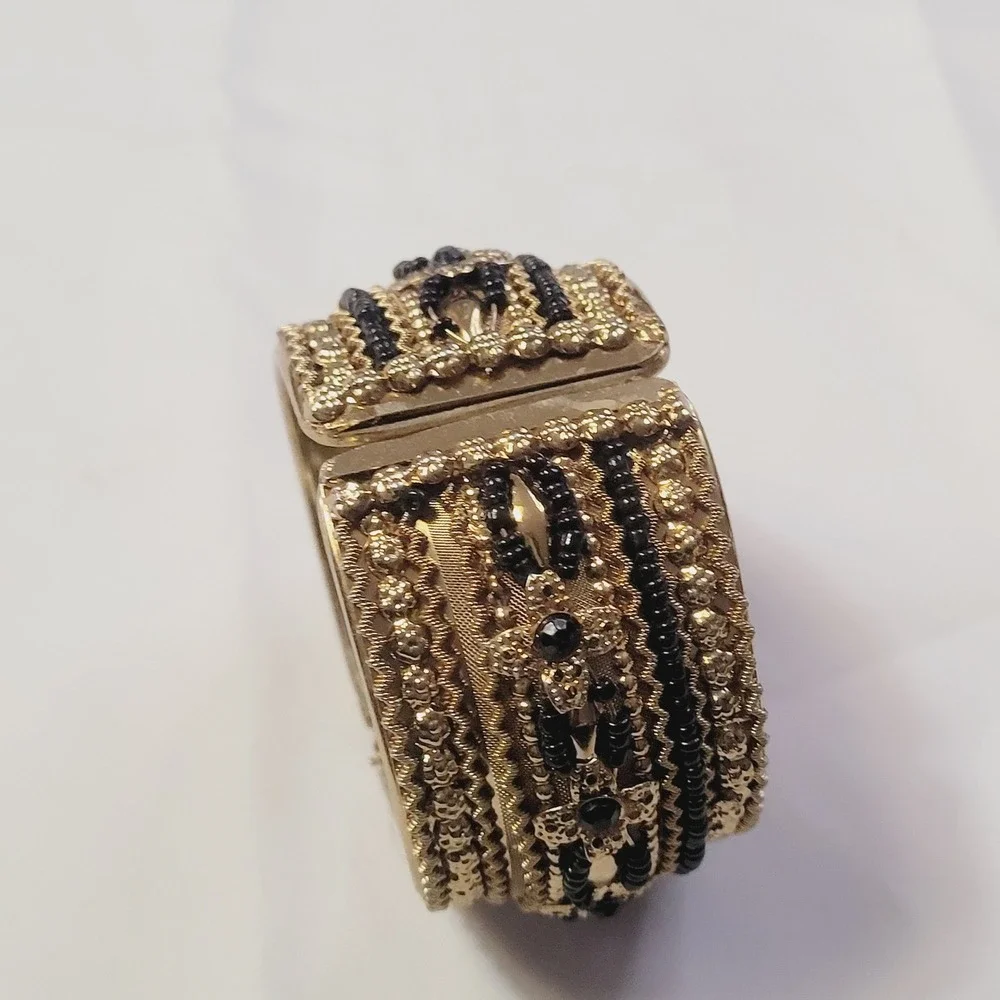 Women's Hinged Cuff Bracelet OS Gold Black Beaded Ornate Statement U13